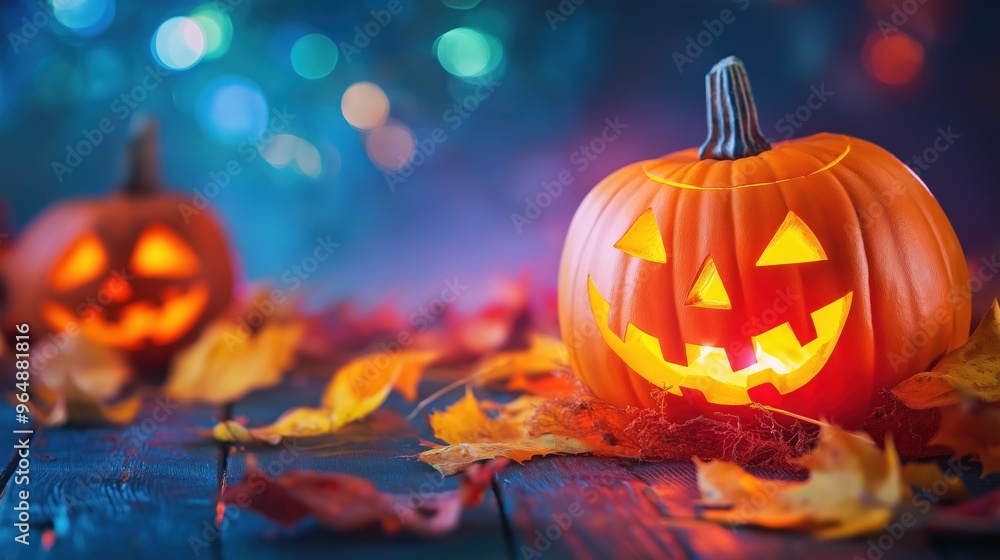 Fundo fotográfico de Halloween com abóboras iluminadas em piso de madeiras rústico e luzes desfocadas ao fundo. Ideal para convites, banners e outros projetos de Halloween Fundo fotográfico de Halloween com abóboras iluminadas em piso de madeiras rústico e luzes desfocadas ao fundo. Ideal para convites, banners e outros projetos de Halloween
