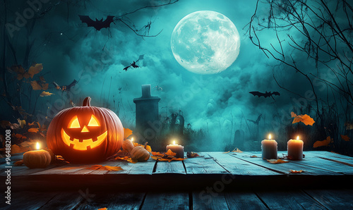 Halloween pumpkin head jack lantern with burning candles, Spooky Forest with a full moon and wooden table, Pumpkins In Graveyard In The Spooky Night - Halloween Backdrop photo