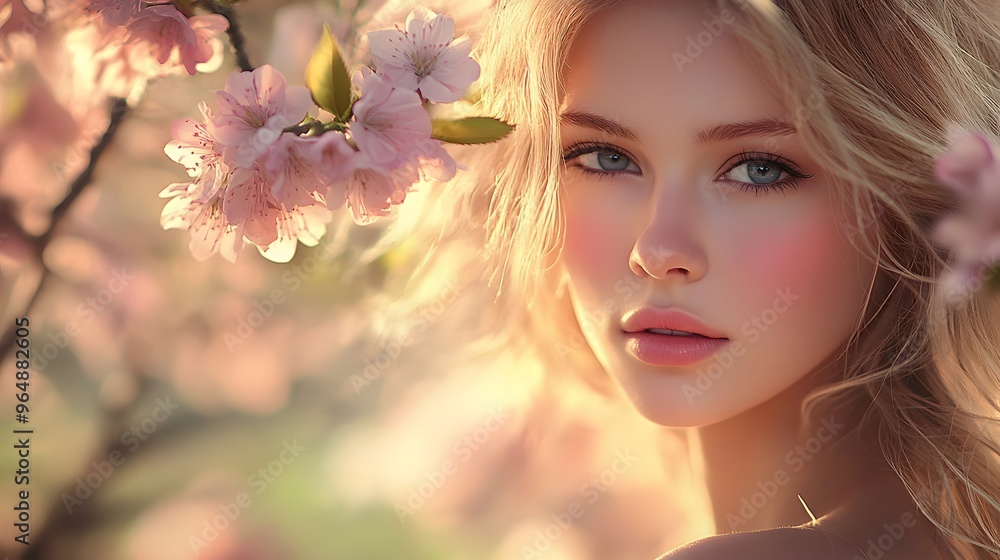 A Close-Up of a Blonde Woman's Face Framed by Pink Blossoms A Close-Up of a Blonde Woman's Face Framed by Pink Blossoms