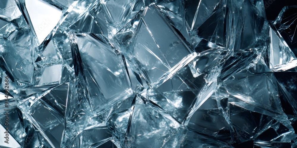 A macro shot of shattered glass reflecting light in a blue hue. A macro shot of shattered glass reflecting light in a blue hue.