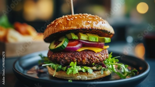 Delicious Burger with Avocado and Sesame Seed Bun