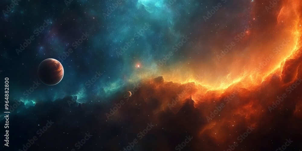 A red planet in the vastness of space with blue and orange nebulae, starry background. A red planet in the vastness of space with blue and orange nebulae, starry background.