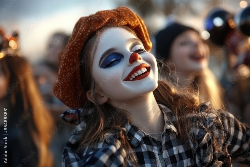 Cheerful entertainer: portrait of a clown with a distinctly painted face, radiating joy and delight, capturing the whimsical spirit and role of spreading happiness in performances. Cheerful entertainer: portrait of a clown with a distinctly painted face, radiating joy and delight, capturing the whimsical spirit and role of spreading happiness in performances.
