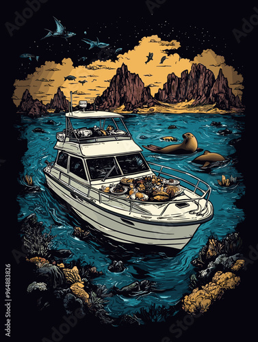 Detailed illustration of a boat surrounded by sea lions in a rocky ocean landscape at sunset, featuring rugged mountains in the background