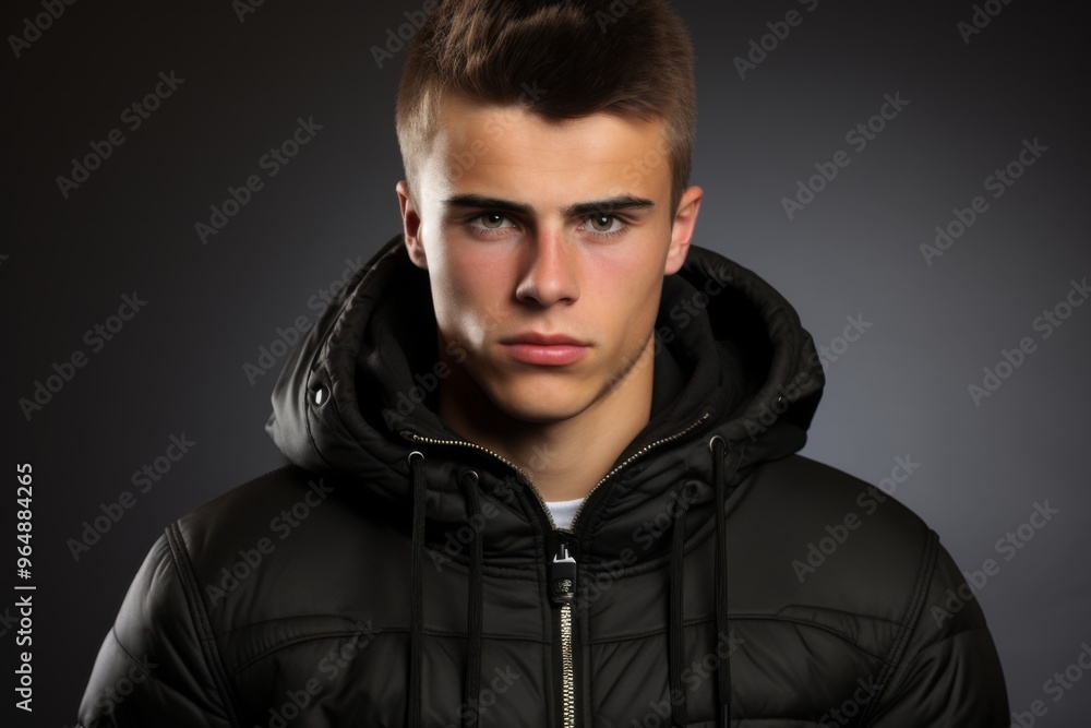 Fototapeta premium A young man in a black jacket with a hood over his head