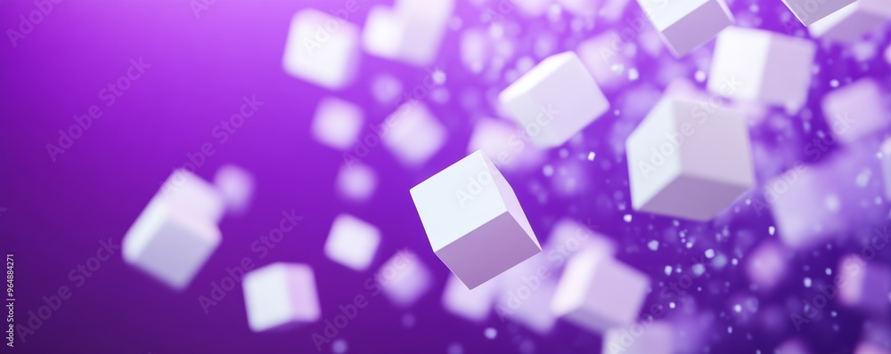 Floating white cubes on a purple gradient background, abstract digital concept Floating white cubes on a purple gradient background, abstract digital concept