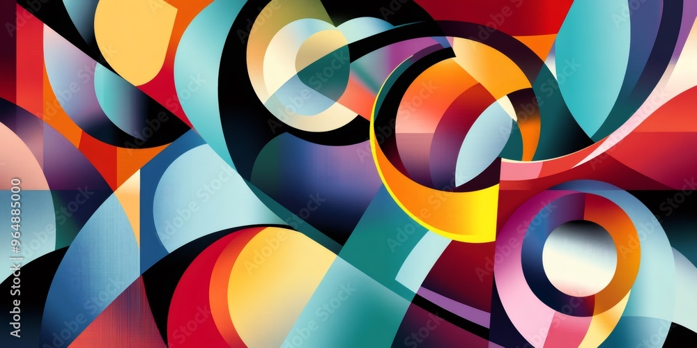 Abstract art with geometric shapes in bright colors of red, yellow, blue, orange, green, and pink. Abstract art with geometric shapes in bright colors of red, yellow, blue, orange, green, and pink.