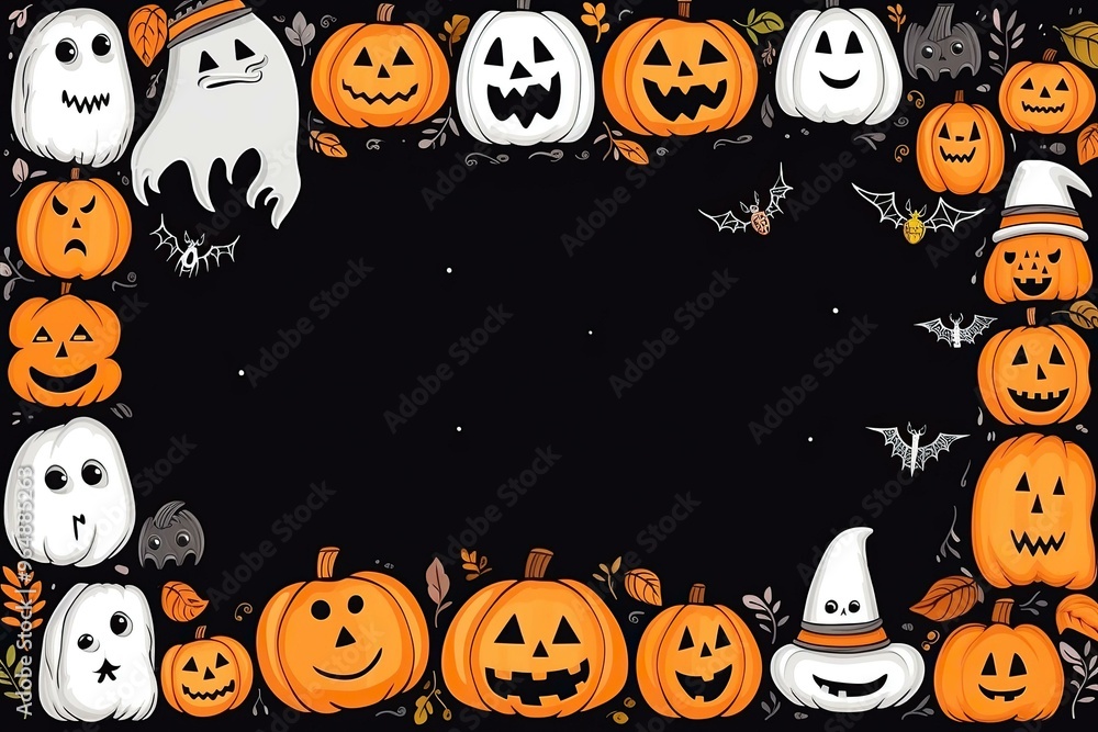 Halloween-themed frame with cartoon pumpkins, ghosts, and bats on black background ideal for holiday designs Halloween-themed frame with cartoon pumpkins, ghosts, and bats on black background ideal for holiday designs
