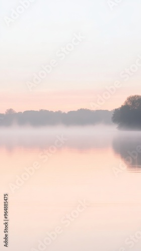 Serene lake with foggy sunrise and reflection, tranquil scenery. Peaceful nature and calmness concept