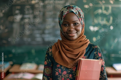 Confident muslim teacher holding textbook in classroom for educational diversity and empowerment themes photo