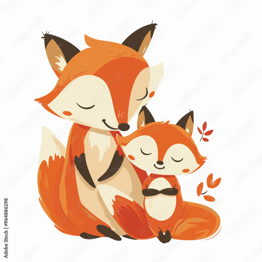 Obraz premium A mother fox is sitting on the ground with her baby fox