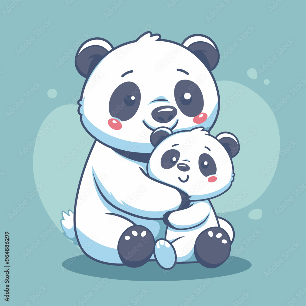 Naklejka premium A cartoon panda bear is holding a baby panda bear