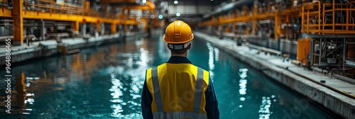 A worker in protective gear carefully inspects a large water treatment plant