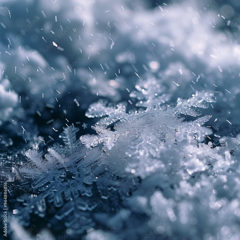 Macro View of Snowflakes Falling on Icy Surface in Winter Macro View of Snowflakes Falling on Icy Surface in Winter