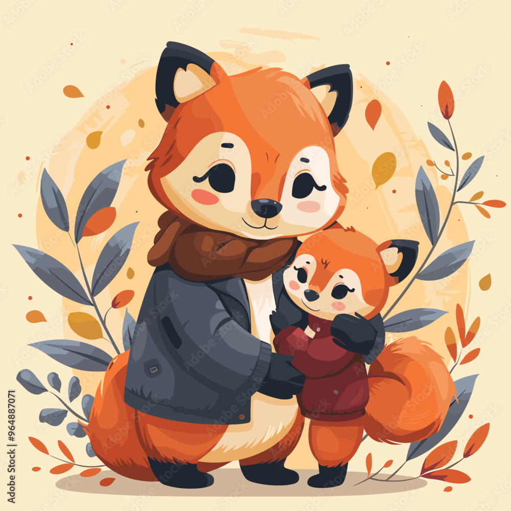 A mother fox is hugging her baby fox A mother fox is hugging her baby fox