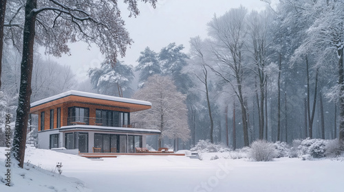 Modern house in a snowy forest during winter. Scenic winter landscape with snowfall and contemporary architecture. Peaceful winter retreat surrounded by tree photo