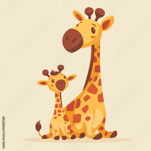 A giraffe and a baby giraffe are sitting together
