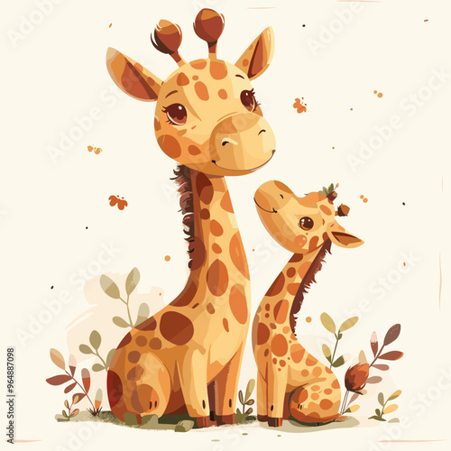 A cartoon giraffe and its baby are standing next to each other