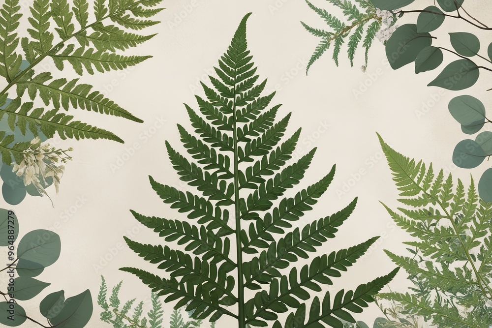 Elegant Fern Silhouette with Soft Spring Foliage and Textured Leaf Overlay Elegant Fern Silhouette with Soft Spring Foliage and Textured Leaf Overlay