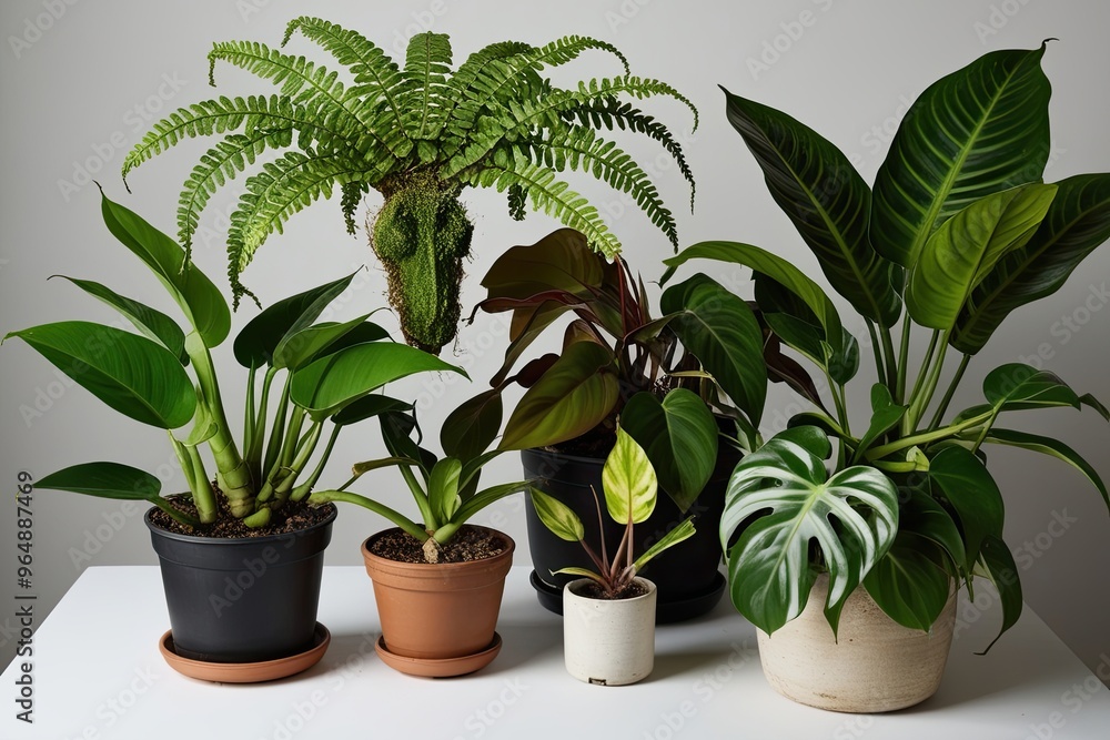 Fototapeta premium Enticing Tropical Plant Collection Featuring Horsehead Fern, Philodendron, and Syngonium Foliage