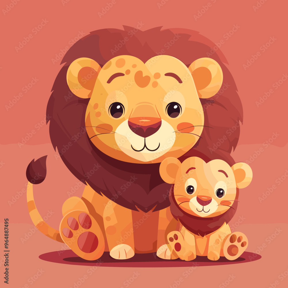 A lion and a cub are sitting together on a red background. The lion is looking at the camera with a smile on its face A lion and a cub are sitting together on a red background. The lion is looking at the camera with a smile on its face