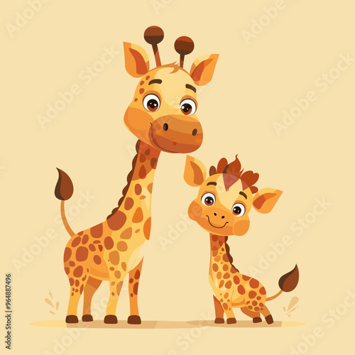A cartoon giraffe and its baby are standing next to each other