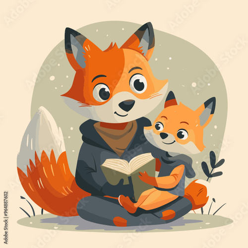 A cartoon of a fox and a baby fox reading a book together. Scene is warm and friendly, as the two animals are enjoying a shared activity