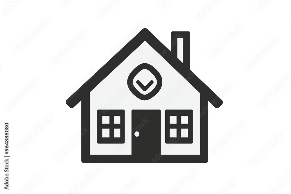 Simple black-and-white line art of a two-story residential house with a garage, front porch, and large windows.isolated on white background. Simple black-and-white line art of a two-story residential house with a garage, front porch, and large windows.isolated on white background.