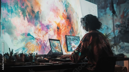 AI artist creating dynamic mural on digital canvas