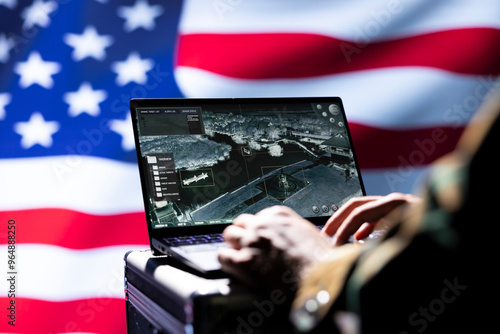 Quadro em tela United States military officer using target acquisition software on notebook to detect enemy location