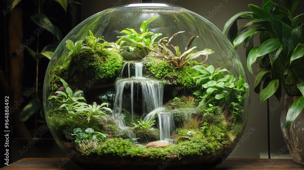 Miniature eco-system terrarium with waterfalls and bioluminescent plants Miniature eco-system terrarium with waterfalls and bioluminescent plants