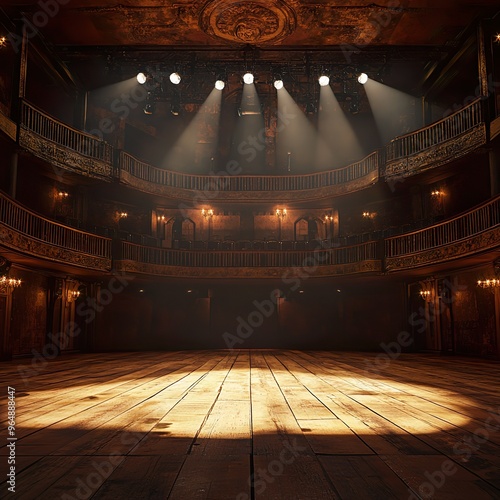 Quiet auditorium with a focused spotlight on the empty stage wallpaper photo