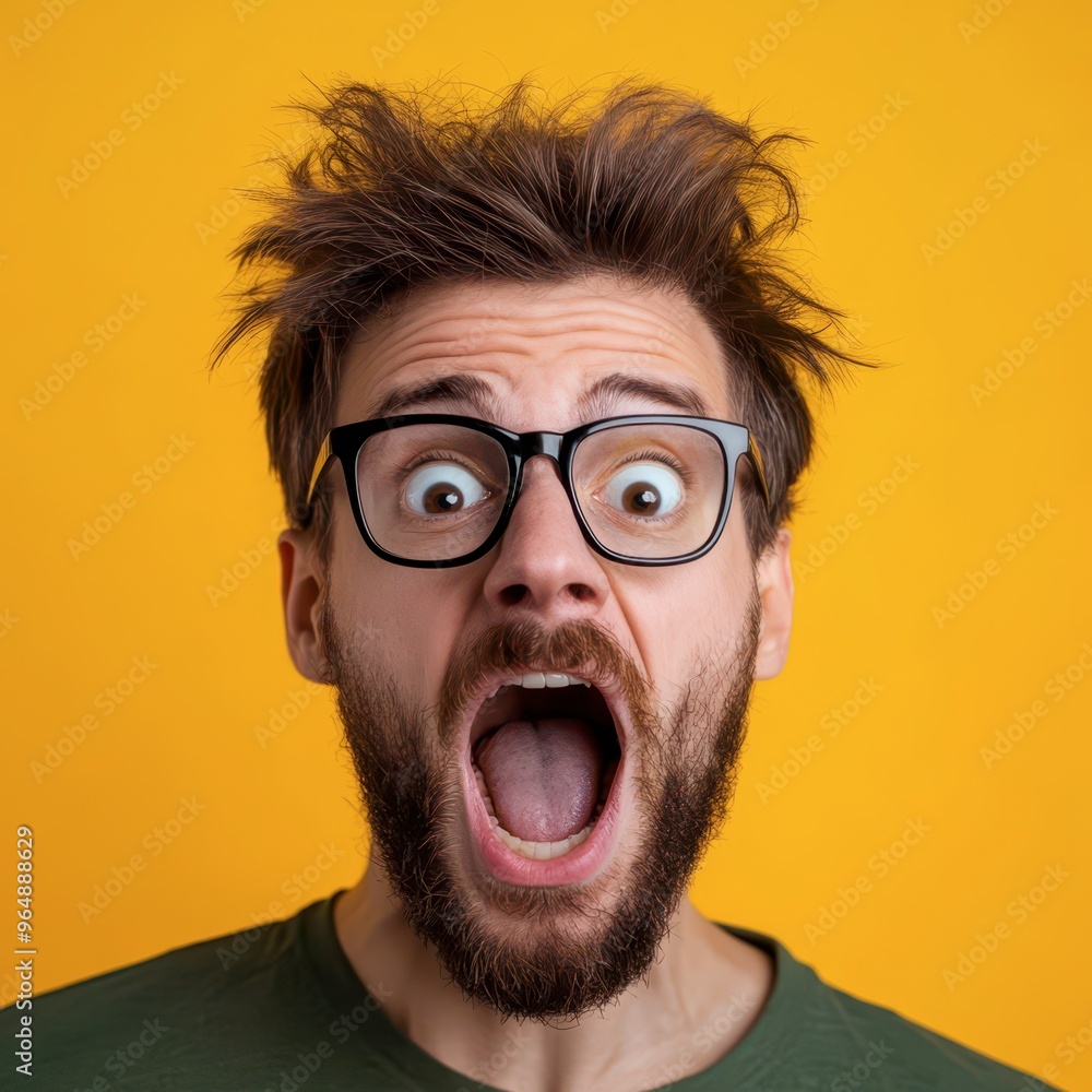 Man with wild hair and glasses shouting against a bright yellow background Man with wild hair and glasses shouting against a bright yellow background