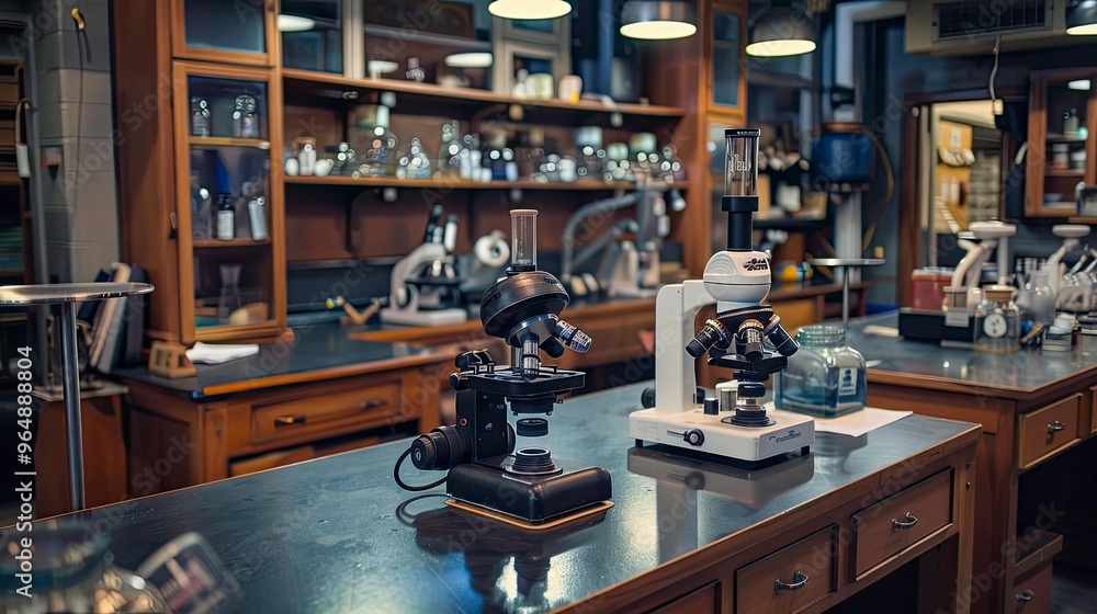 A science lab with a variety of microscopes on the tables. A science lab with a variety of microscopes on the tables.