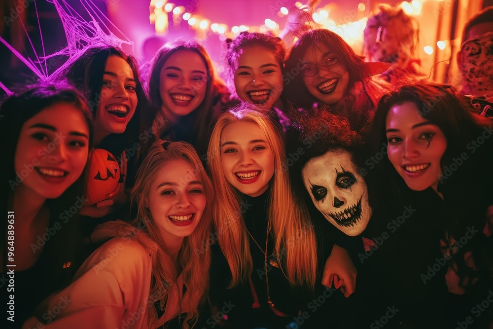 A group of young women are posing for a picture at a Halloween party. They are all smiling and wearing costumes, including a skeleton and a witch. Scene is festive and fun A group of young women are posing for a picture at a Halloween party. They are all smiling and wearing costumes, including a skeleton and a witch. Scene is festive and fun