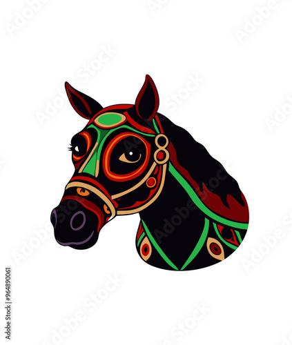 Elegant stylized horse portrait with ornate harness symbolizing grace against white background