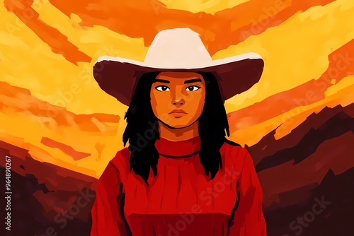 background image of a cowboy woman, western illustration style, western.  