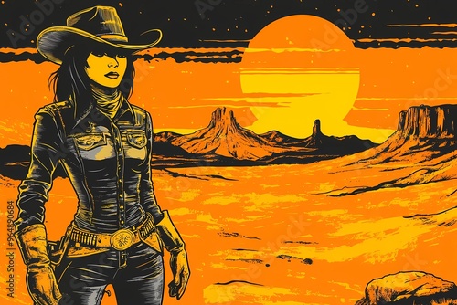 background image of a cowboy woman, western illustration style, western.  