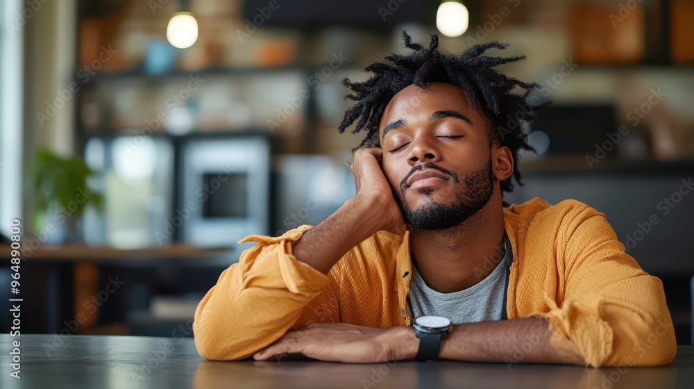 Young man resting thoughtfully at a café during the afternoon hours Young man resting thoughtfully at a café during the afternoon hours