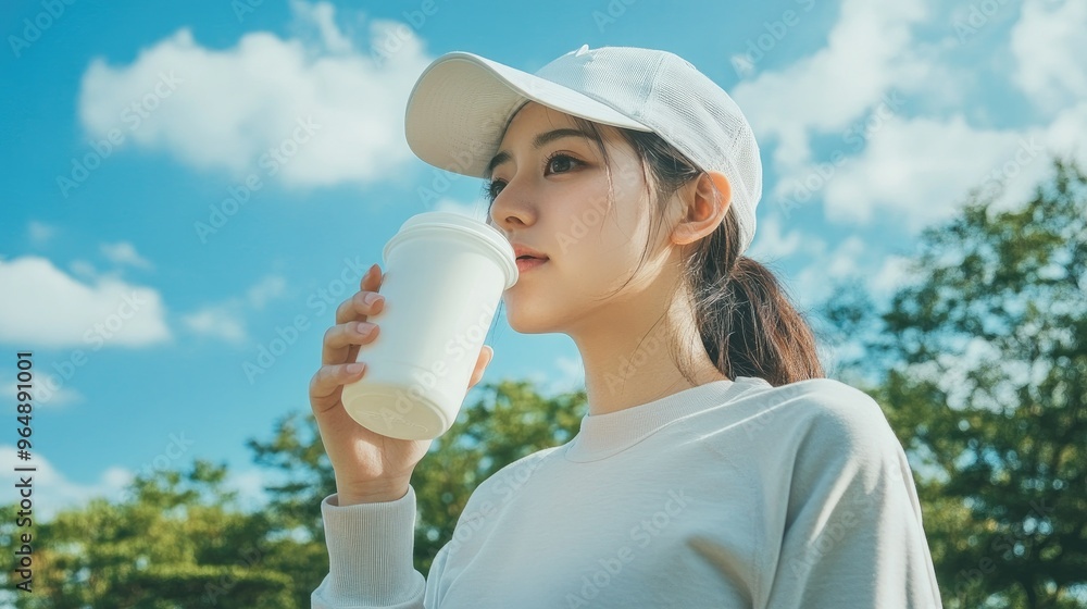 A beautiful Japanese woman is drinking water from the glass outdoors. Portrait. close up view