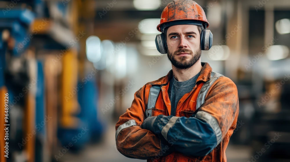 Construction worker in safety gear poses confidently in industrial setting Construction worker in safety gear poses confidently in industrial setting