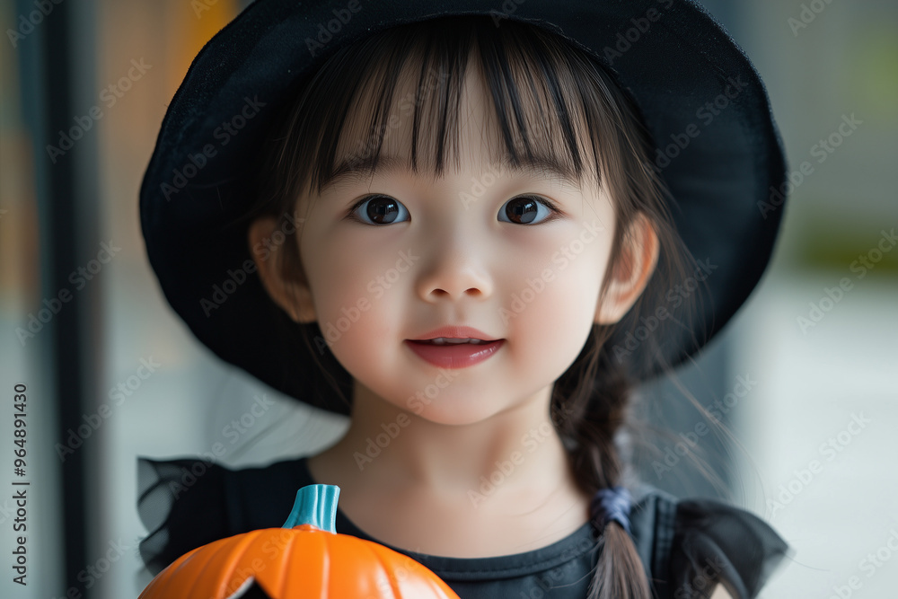 Little Asian Girl Wearing Halloween Costume Ready to Trick-or-Treat Little Asian Girl Wearing Halloween Costume Ready to Trick-or-Treat