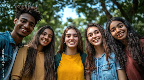 photo of group of cheerful young people of different nationalities in park, friends, students, diversity, smiling girl, boy, man, woman, friendship, teenagers, youth, hiking, walk, portrait, community