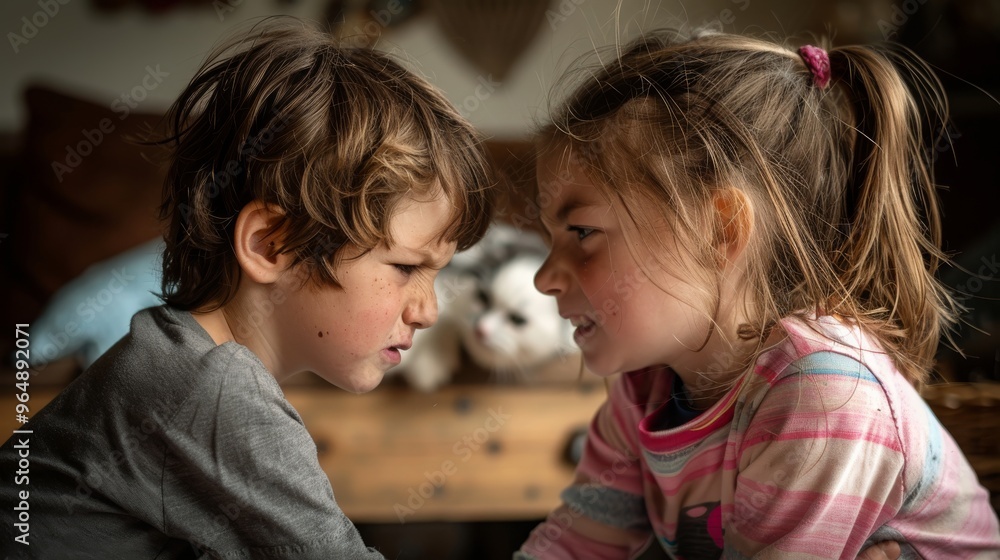 Two Siblings, a Brother and Sister, Their Faces Flushed with Anger as They Argue Over a Childhood Memory, Highlighting the Intensity of Family Conflict Two Siblings, a Brother and Sister, Their Faces Flushed with Anger as They Argue Over a Childhood Memory, Highlighting the Intensity of Family Conflict