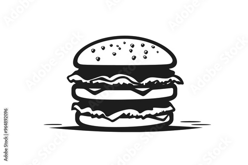 A minimalist black and white vector illustration of a classic hamburger with a sesame seed bun, lettuce, cheese, and multiple layers.