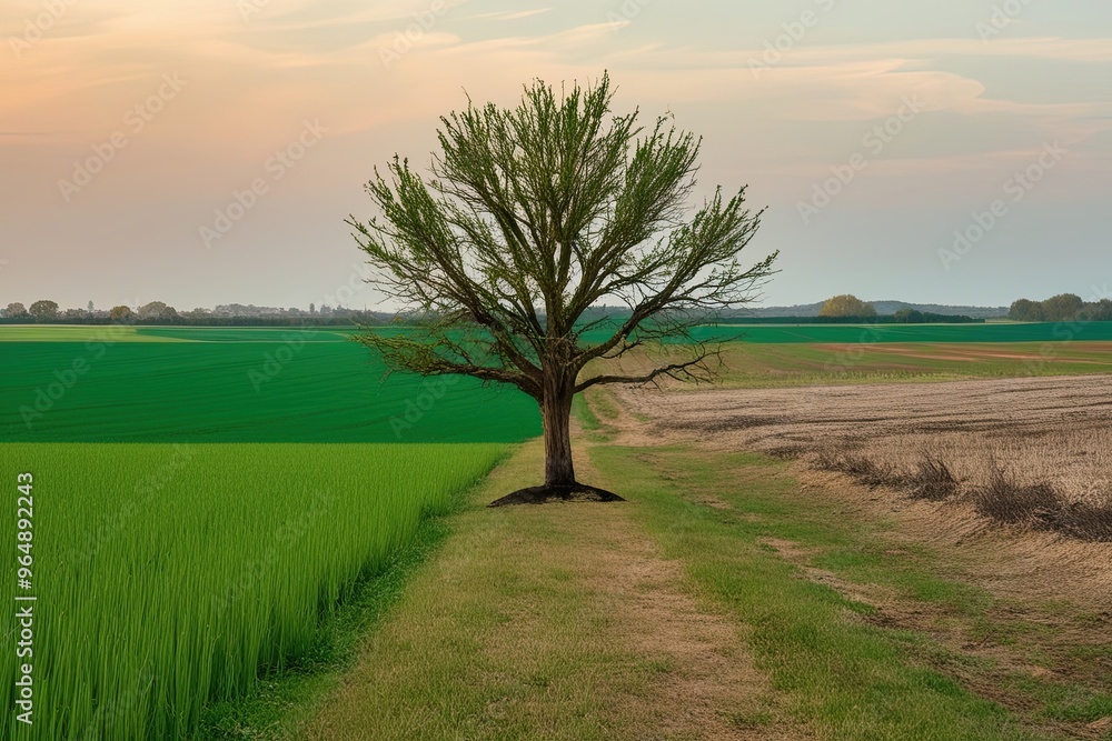 Fototapeta premium Resilient Tree Survives Climate Change in Green and Barren Landscapes