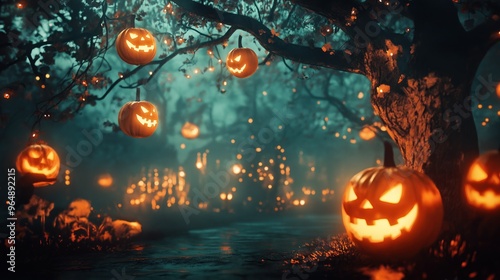 Caminho sombrio e misterioso de Halloween, iluminado por abóboras talhadas. Árvores retorcidas criam uma atmosfera perfeita para aventuras assustadoras. Ideal para convites, banners e projetos photo