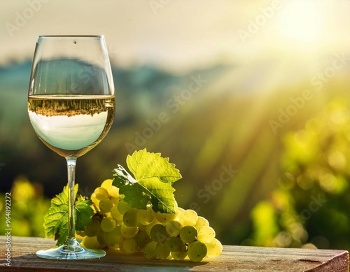 Refreshing Glass of White Wine Amidst Lush Vineyard Grapes on a Sunny Afternoon photo