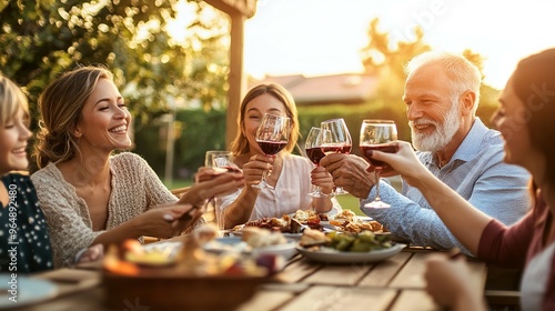 Family toasting with wine at an outdoor dinner party