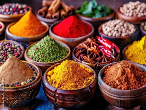 Market spices in vibrant colors, aromatic and diverse, Culinary, Bright hues, Photograph, Flavorful variety